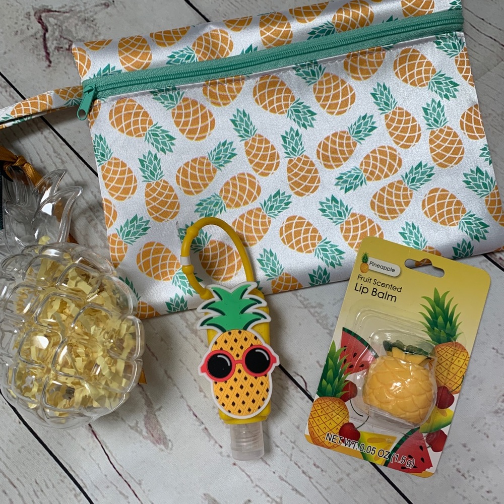 Pineapple bundle lip balm cosmetic bag sanitizer NWT